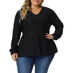 Unique Bargains Plus Size Tunic Tops for Women V Neck Long Sleeve Hollowed T-Shirt Blouse Tunic Tops 2023