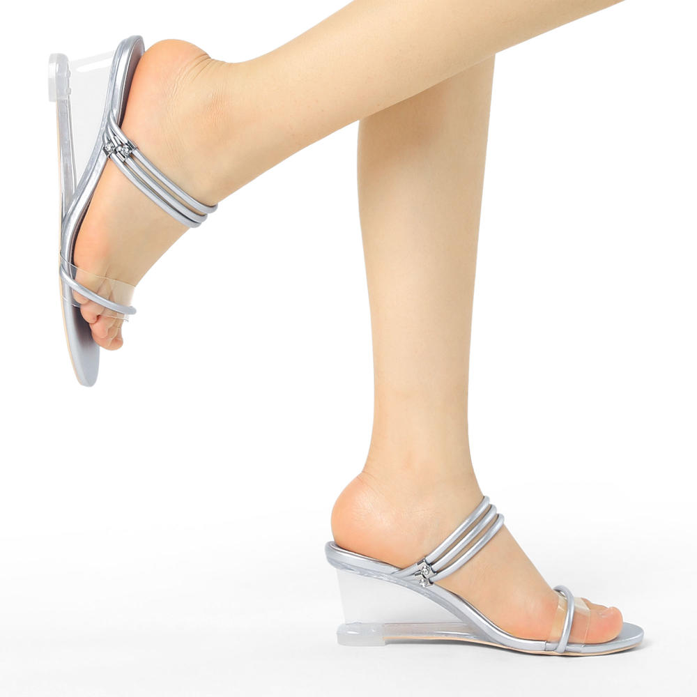 Unique Bargains Allegra K Women's Rhinestone Slip-On Clear Glass Heel Wedge Sandals