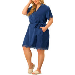 Unique Bargains Plus Size Sleep Robe for Women Satin Pocket Tie Nightgown Lounge Sleepwear Robes