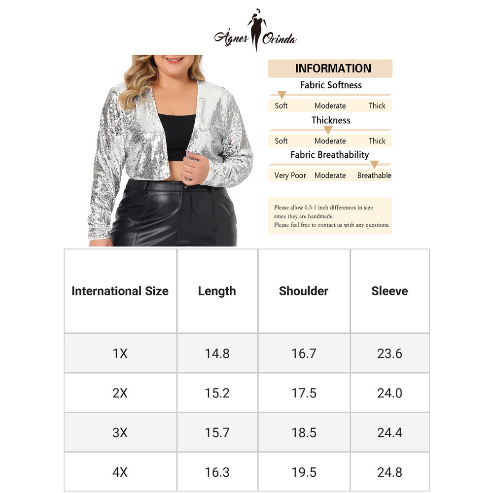 Unique Bargains Plus Size for Women Sequin Jacket Party Open Front Long Sleeve Shrug Bolero Crop Cardigan Jackets