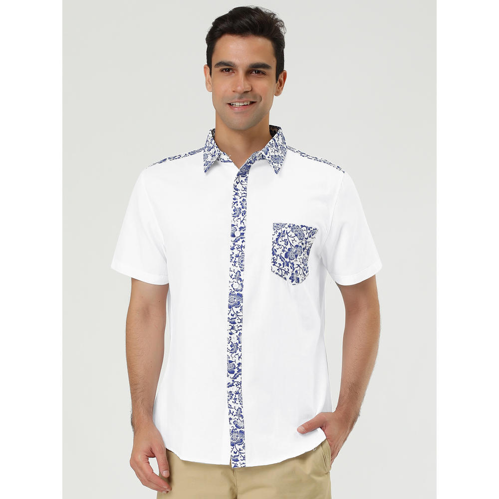 Unique Bargains Men Summer Floral Print Pocket Short Sleeve Button Down Hawaiian Shirt