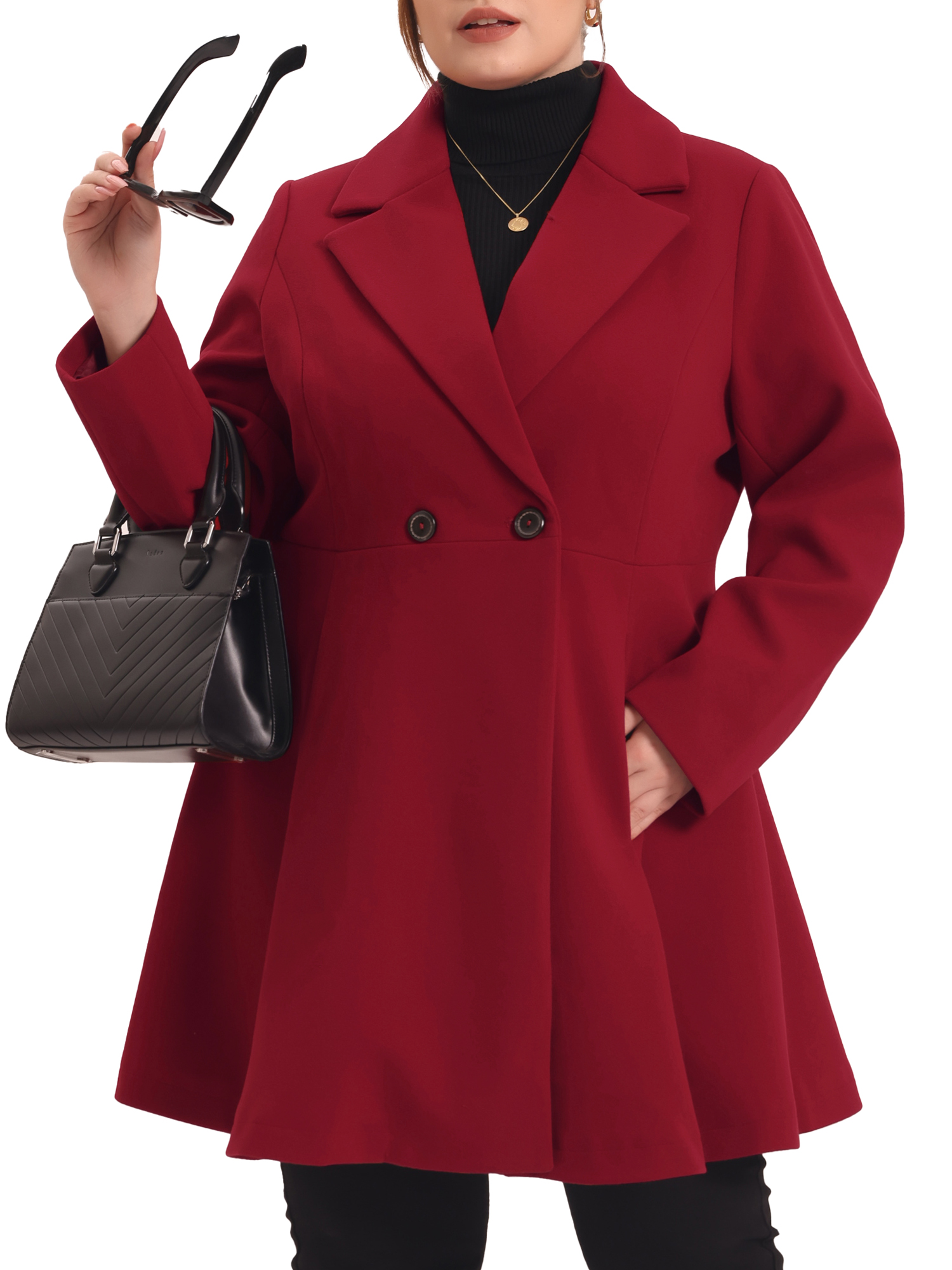 Unique Bargains Plus Size Peacoat for Women Elegant Notched Lapel Double Breasted Long Wool Trench Coat
