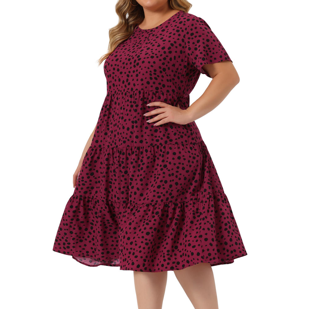 Unique Bargains Plus Size Polka Dots Dress for Women Short Sleeve Midi Layered Dresses