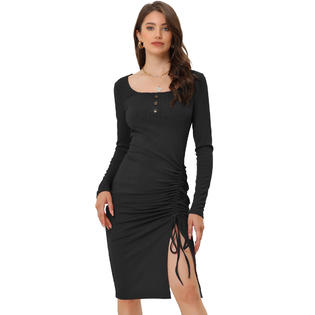 Unique Bargains Women's Drawstring Ruched Front Square Neck Long Sleeve Knit Bodycon Dress Black XL Unique Bargains Women's Drawstring Ruched Front Square Neck Long Sleeve Knit Bodycon Dress Black XL