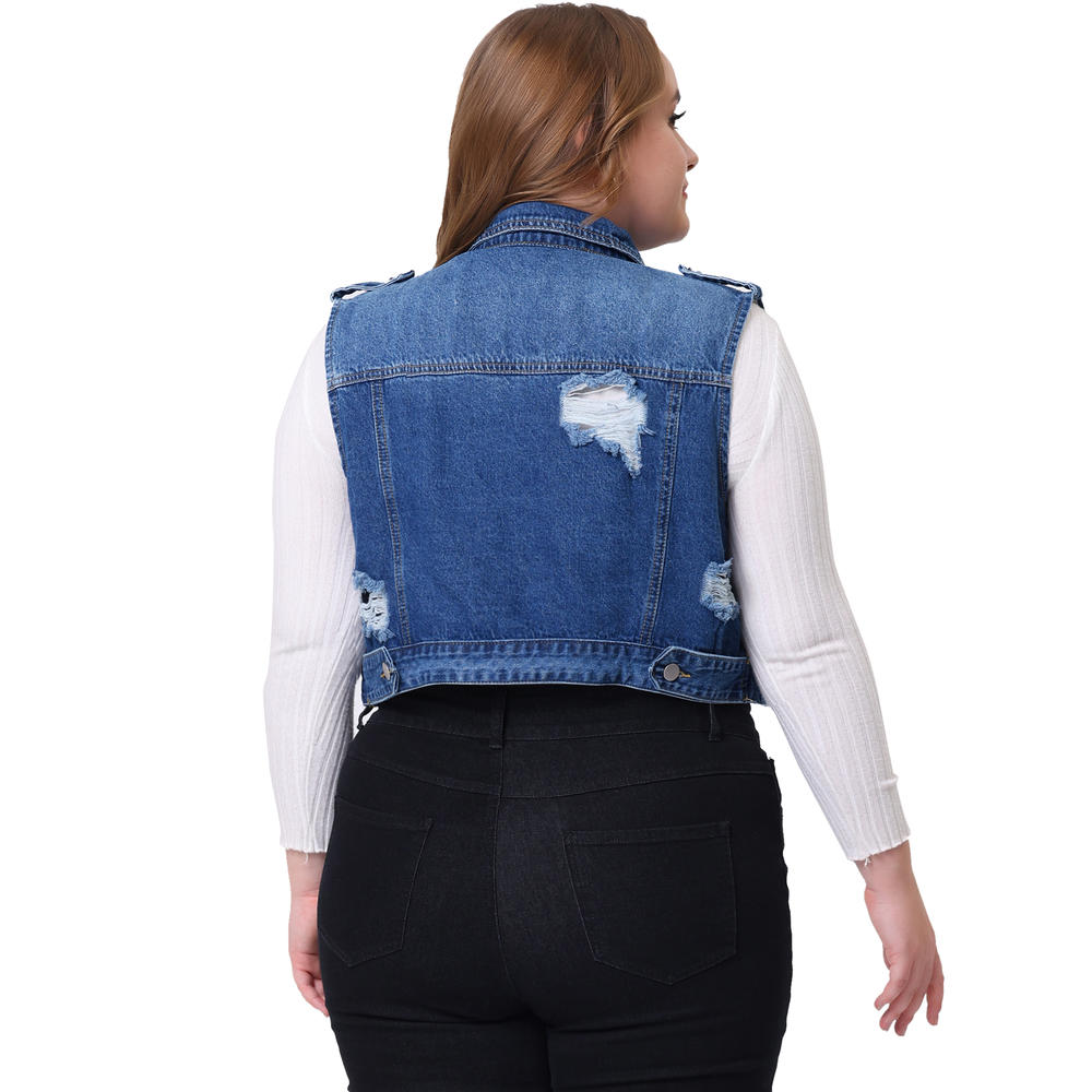 Unique Bargains Agnes Orinda Plus Size Women's Denim Jacket Sleeveless Chest Pockets Button Up Denim Vests