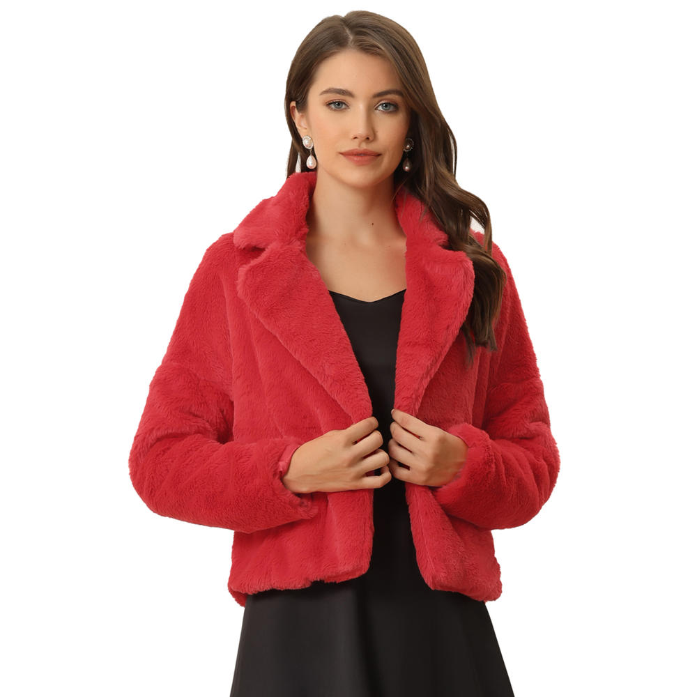 Unique Bargains Allegra K Women's Cropped Jacket Faux Fur Fluffy Coat