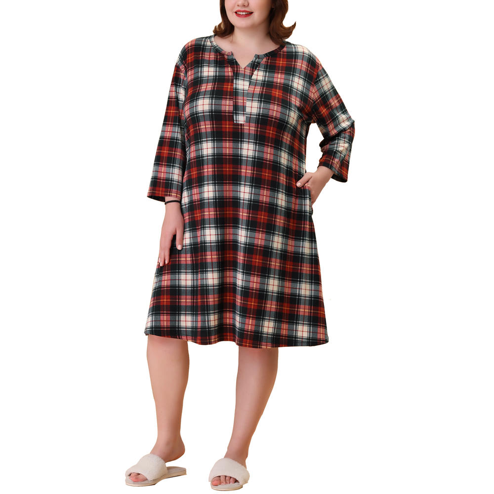 Unique Bargains Agnes Orinda Plus Size Nightgown for Women Plaid V Neck Lounge Sleep Dress Nightgowns