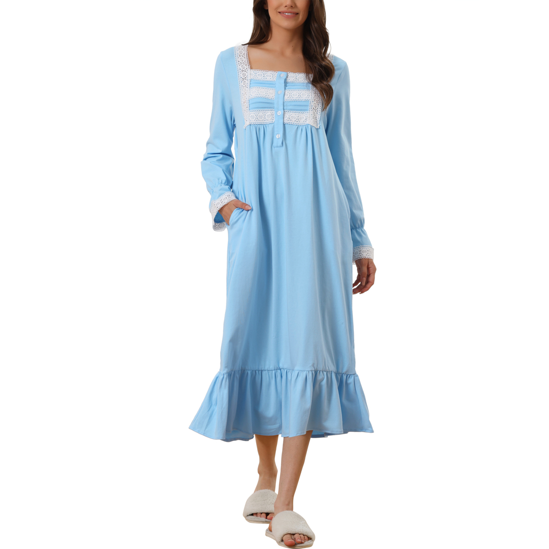 Unique Bargains Womens Victorian Nightgown Long Sleeve Ruffle Night Gown Sleepwear with Pockets