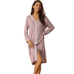 Unique Bargains Womens Nightshirt Button Down Nightgown Long Sleeve Pajama Dress Sleepshirt