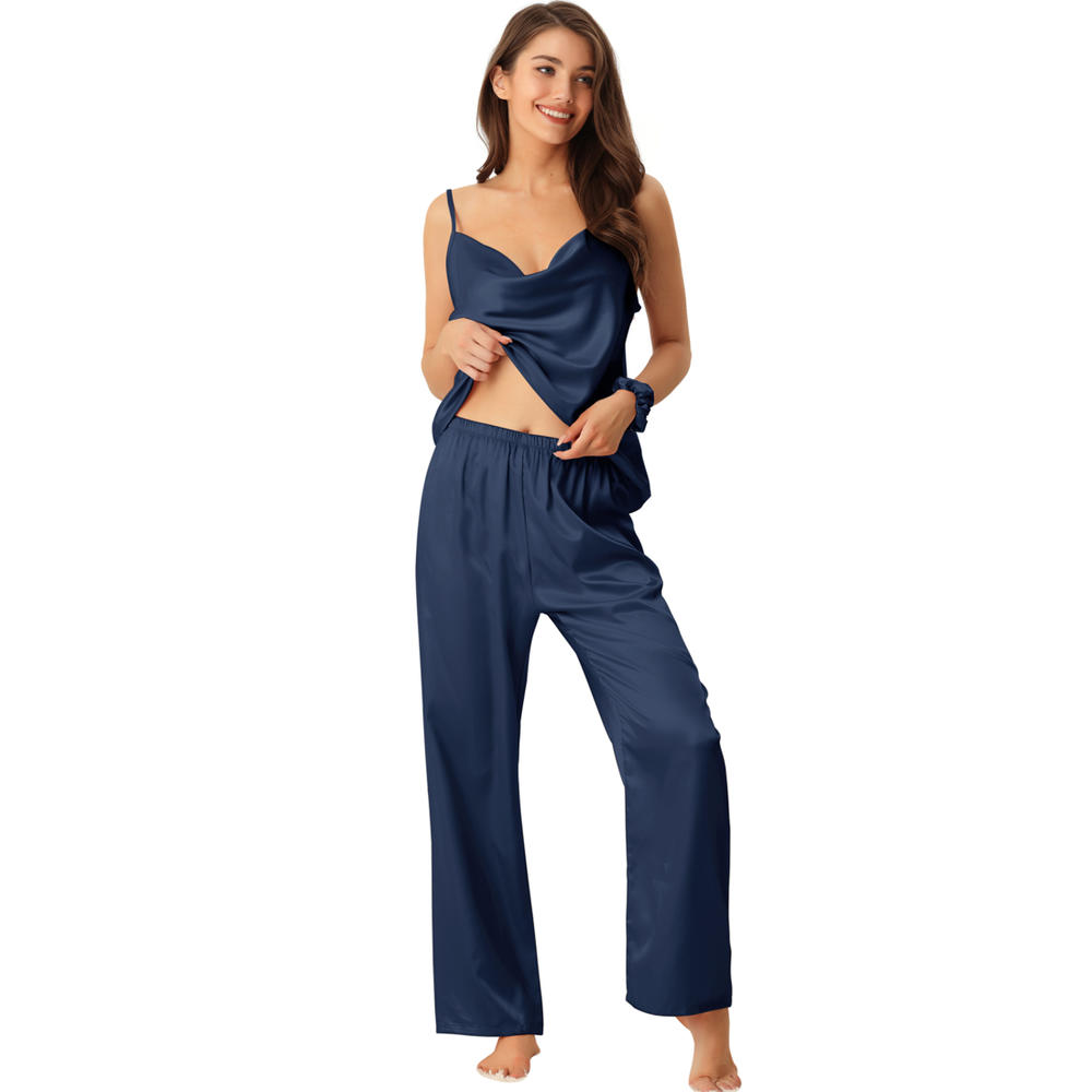 Unique Bargains Womens Satin Sleepwear Cowl Neck Cami Top with Long Pant PJ Loungewear Silky Pajama Set