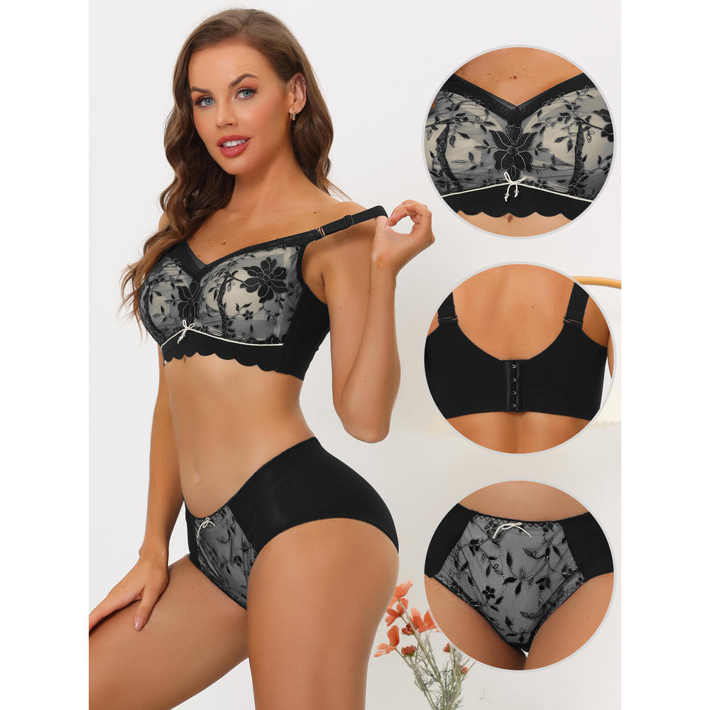 Unique Bargains Women's Lace Bra Sets Minimizer Adjustable Wide Straps Full Coverage Wirefree Bra and Panty