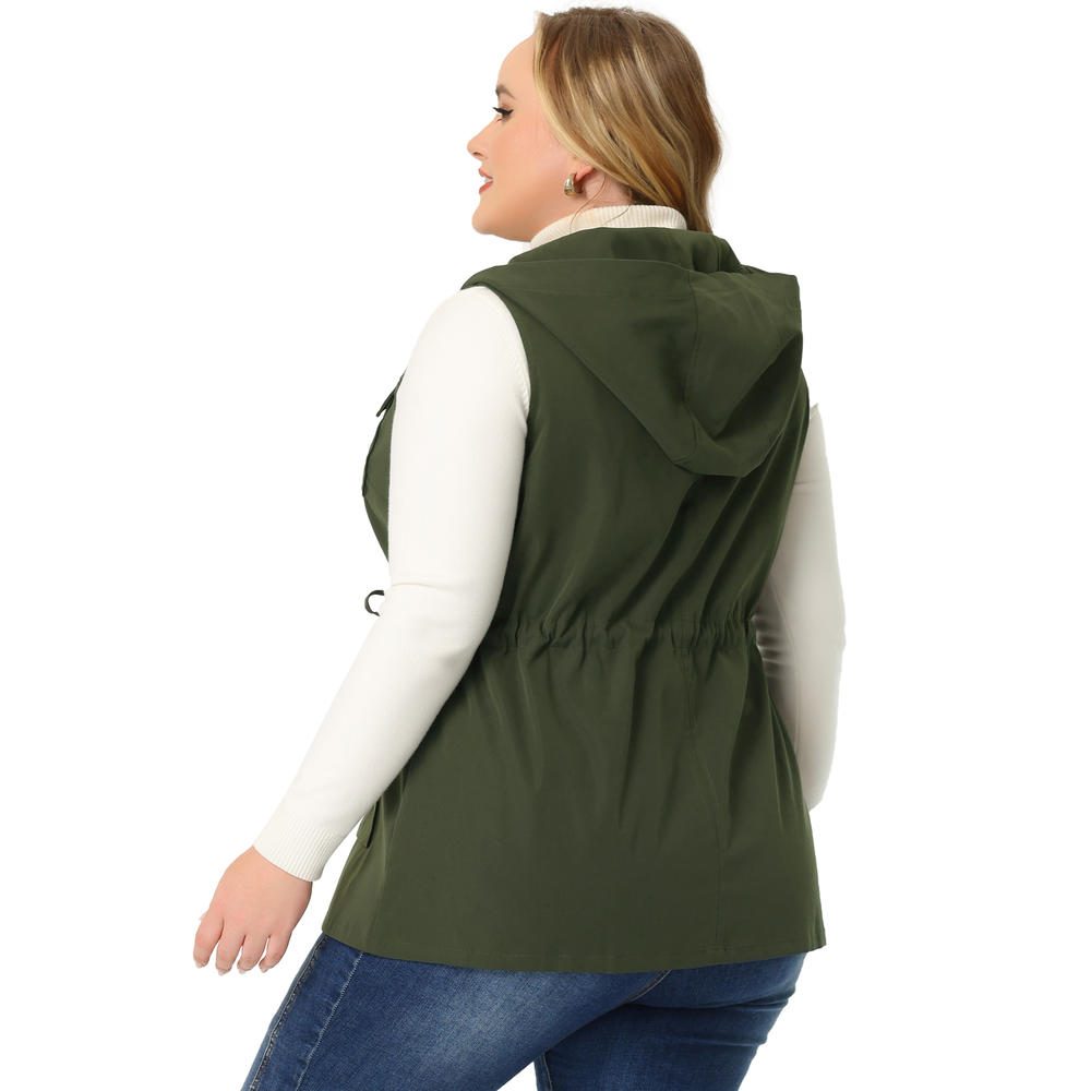 Unique Bargains Agnes Orinda Women's Plus Size Utility Vest Sleeveless Anorak Cargo Drawstring Jacket