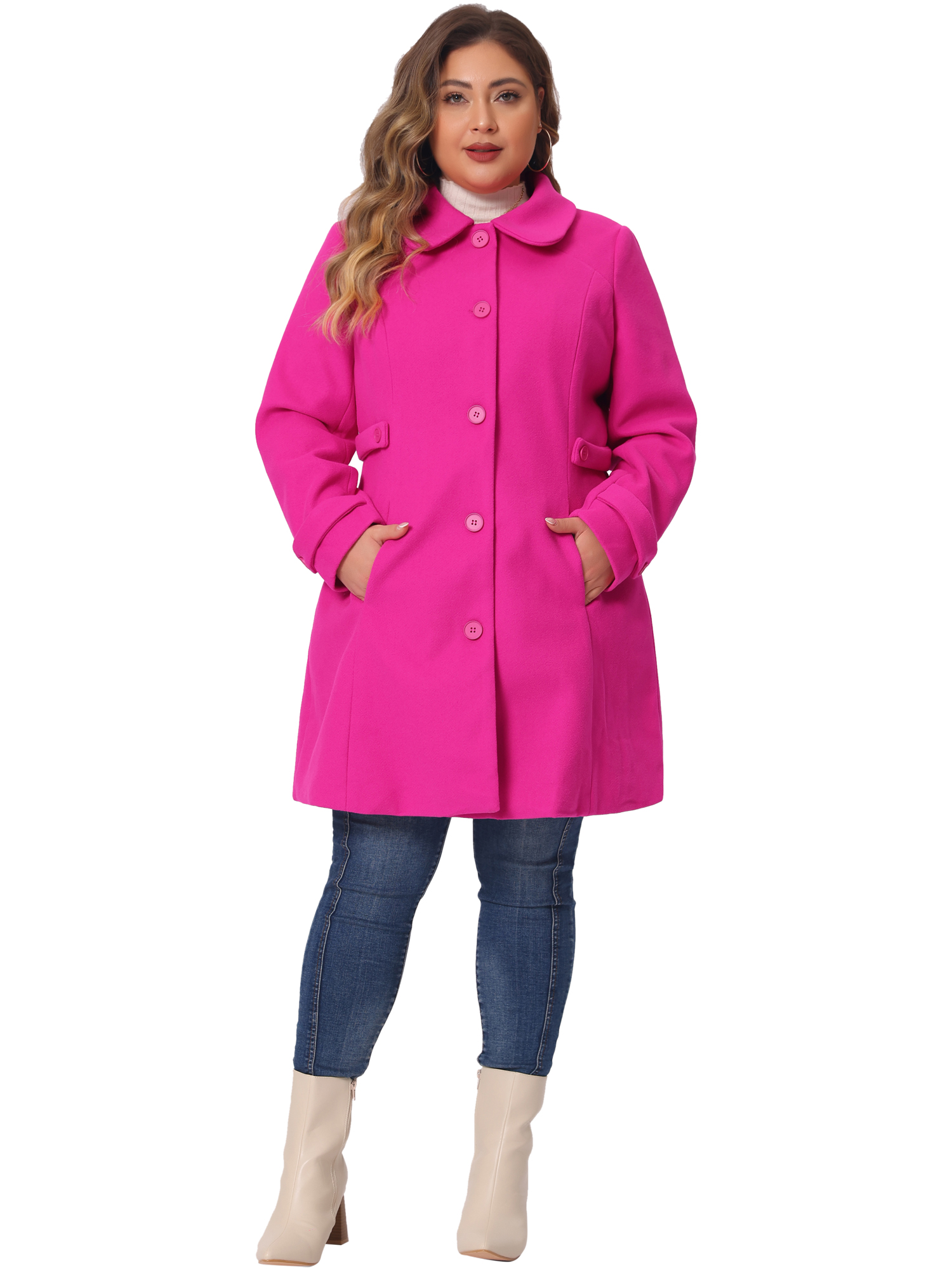 Unique Bargains Plus Size Women's Peacoat Peter Pan Collar Cuff Button Waist Single Breasted Long Wool Coats