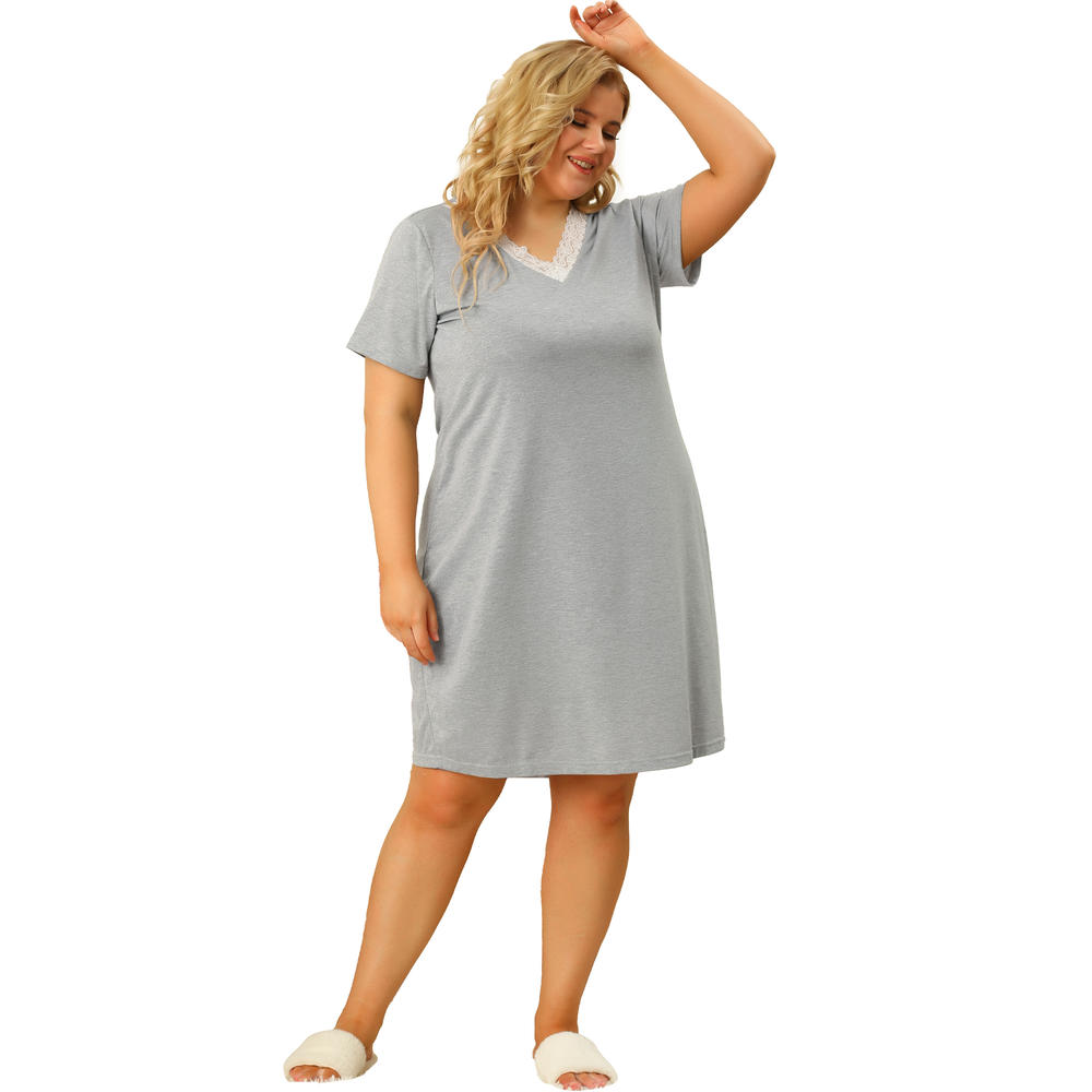 Unique Bargains Plus Size Lace Nightgown for Women Short Sleeves V Neck Pajamas Sleepwear Dress