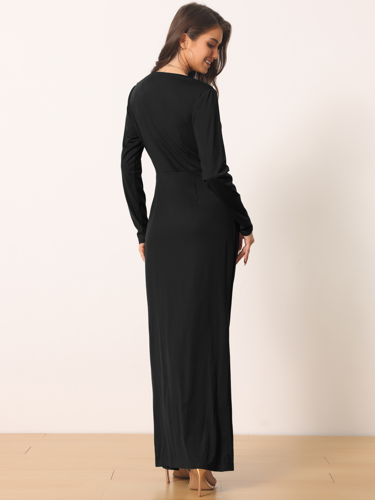 Unique Bargains Women's Long Sleeve Maxi Bodycon Dresses V Neck Draped Front Ruched Cocktail Party Dress with Slit
