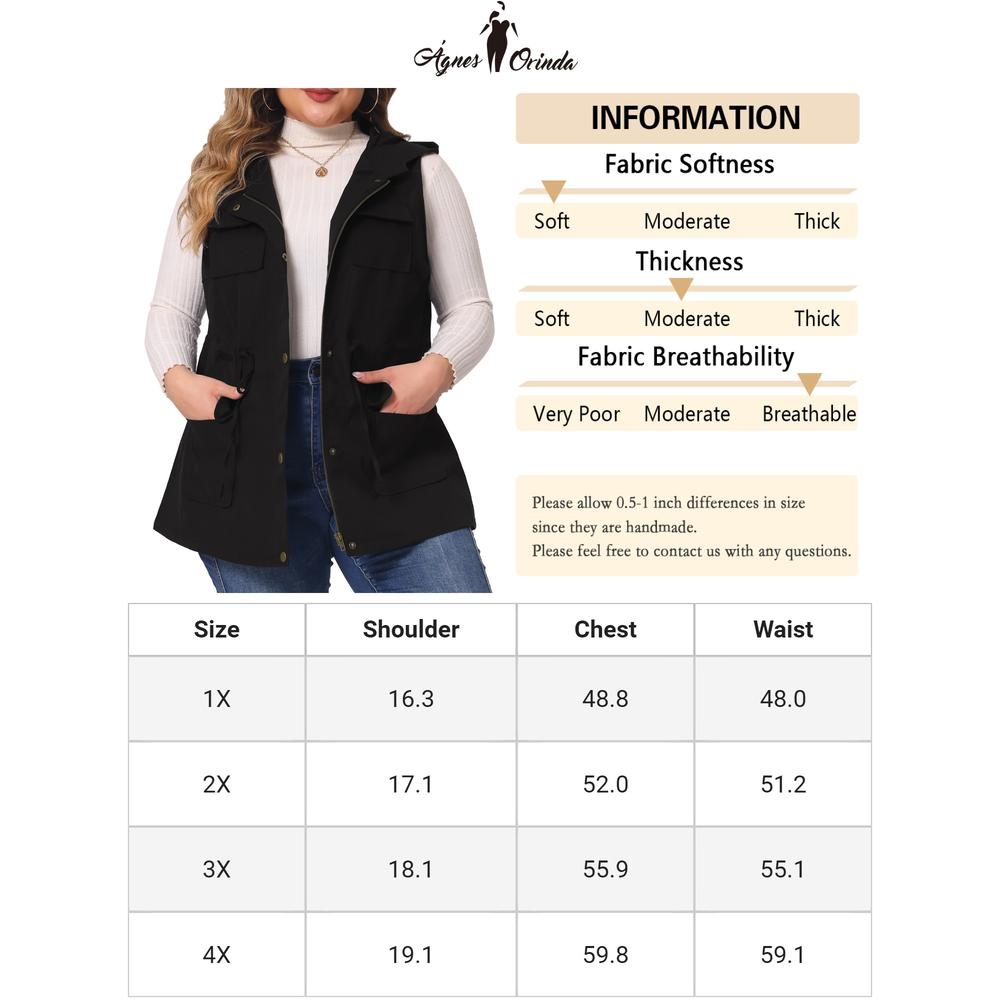Unique Bargains Agnes Orinda Women's Plus Size Utility Vest Sleeveless Anorak Cargo Drawstring Jacket