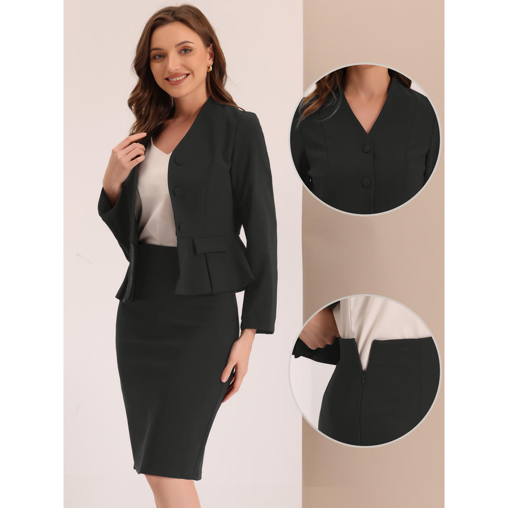 Unique Bargains Business 2 Piece Suit Set for Women's Long Sleeve Collarless Peplum Blazer Pencil Skirts