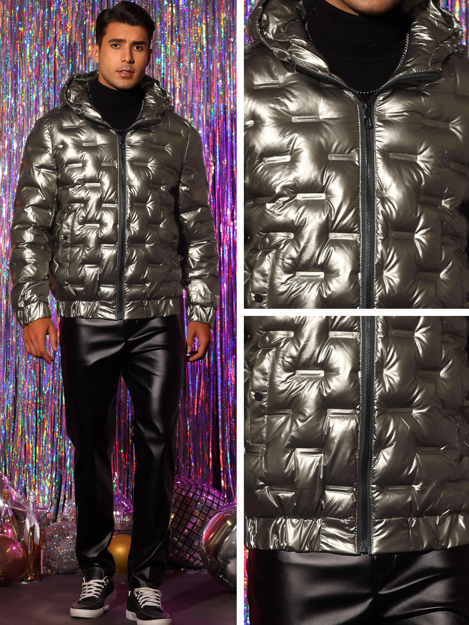 Unique Bargains Hoodie Metallic Down Jacket for Men's Zipper Hooded Quilting Shiny Puffer Coat