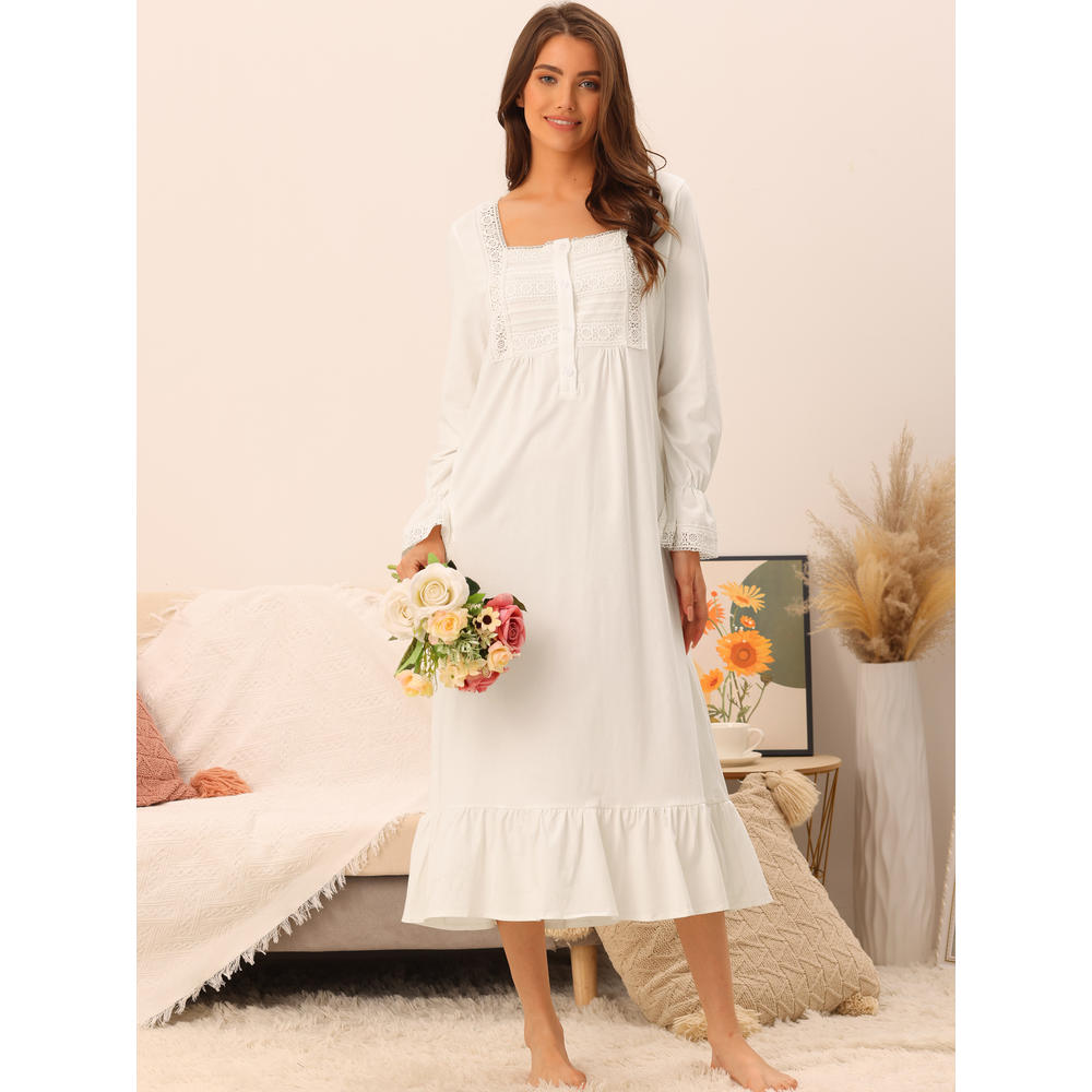 Unique Bargains Womens Victorian Nightgown Long Sleeve Ruffle Night Gown Sleepwear with Pockets