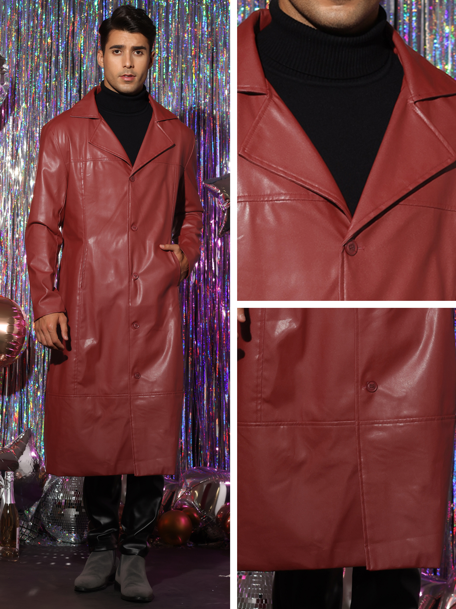 Unique Bargains PU Faux Leather Long Jacket for Men's Vintage Lapel Gothic Trench Coat Outwear
