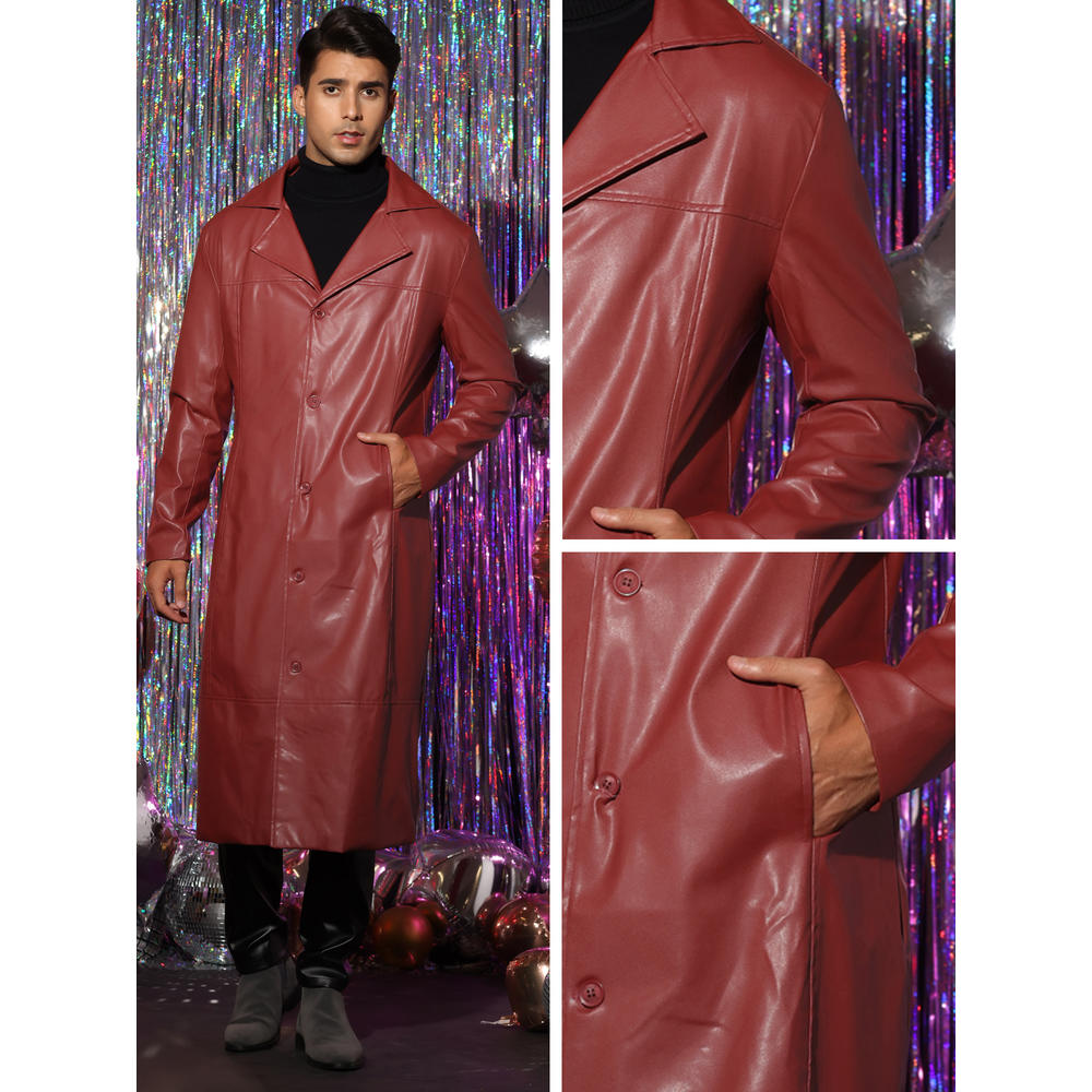 Unique Bargains PU Faux Leather Long Jacket for Men's Vintage Lapel Gothic Trench Coat Outwear