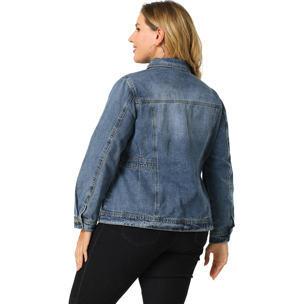 Unique Bargains Agnes Orinda Plus Size Denim Jackets for Women Classic Washed Front Jean Jacket