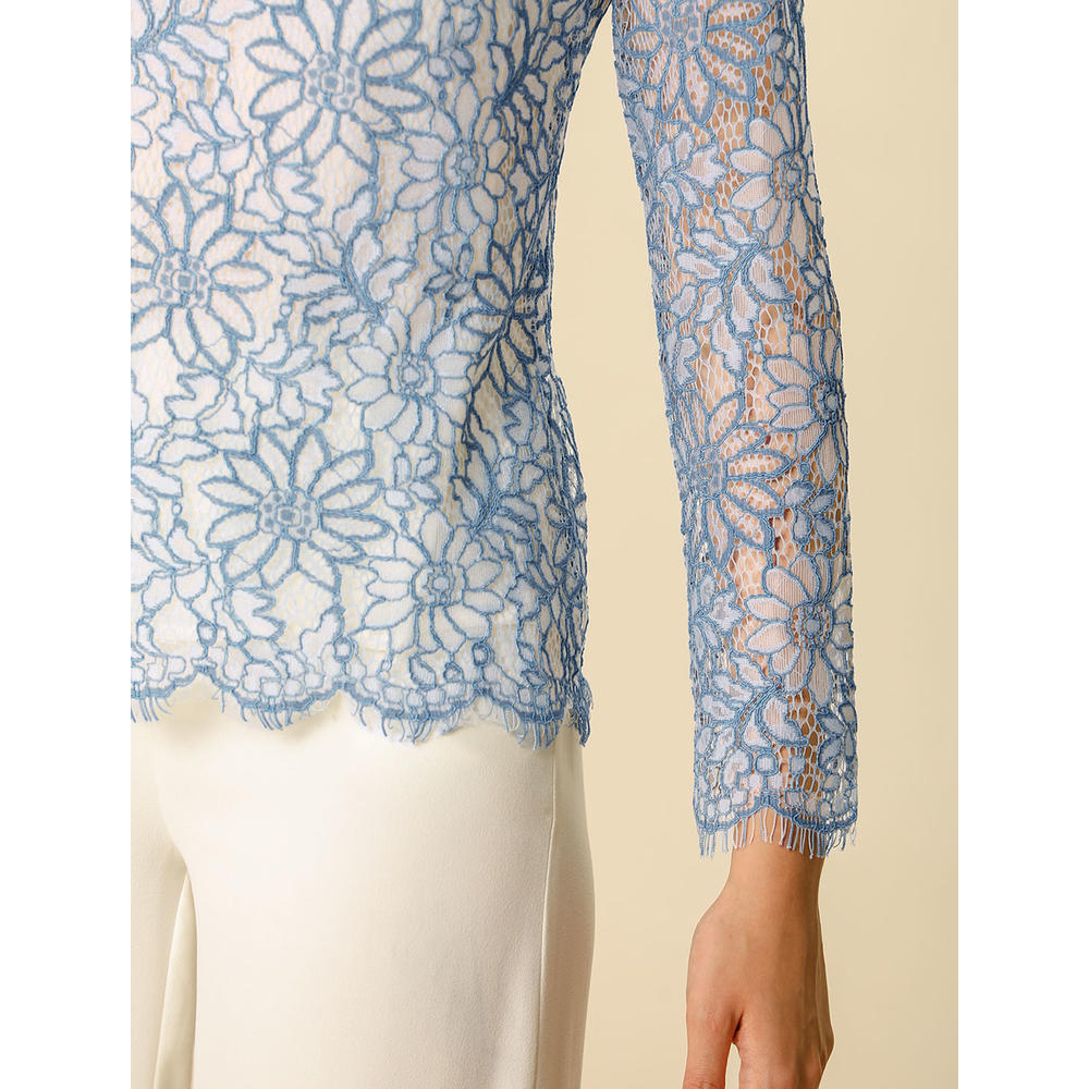 Unique Bargains Allegra K Women's Casual Lace Top Long Sleeve Ruffle Round Neck Floral Blouse