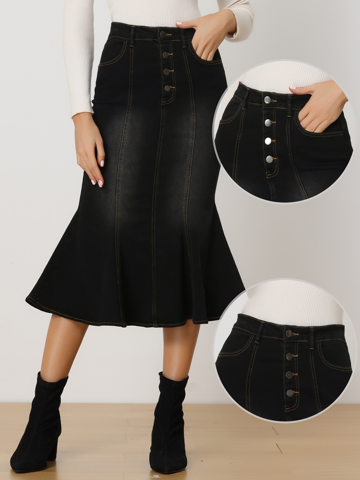Unique Bargains Fishtail Maxi Denim Skirt for Women's Distressed Skirt