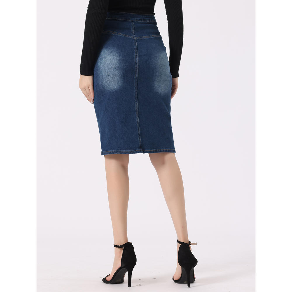 Unique Bargains Women's Casual Jean Skirt High Waist Front Slit Stretch A-Line Denim Skirts