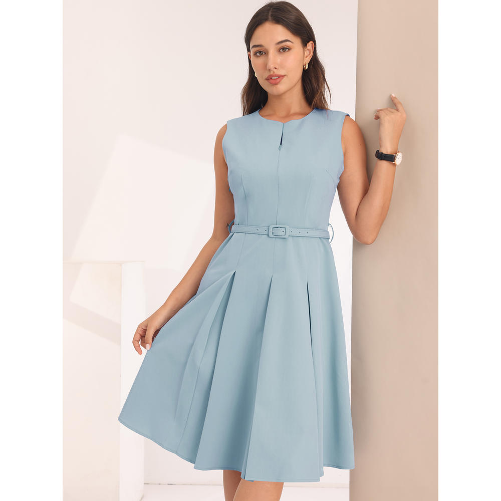 Unique Bargains Women's Sleeveless Dress Zip Up Belted Fit & Flare Work Dresses