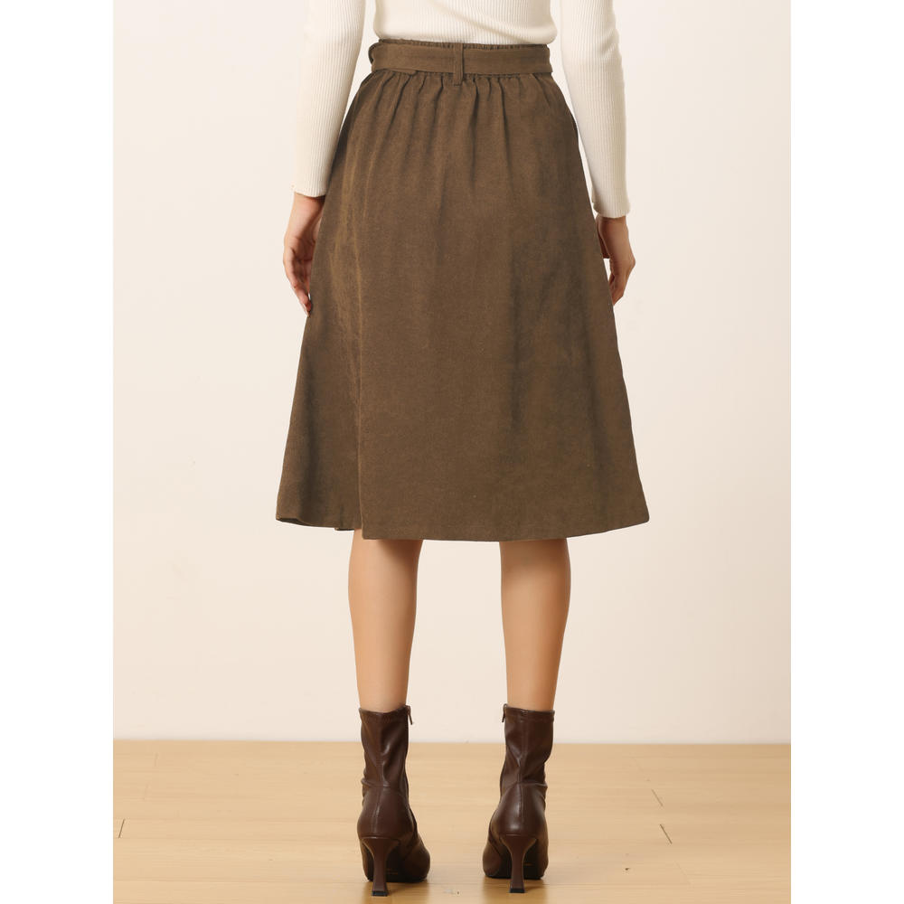 Unique Bargains Allegra K Women's High Waist Button Front Belted Corduroy Midi Skirt