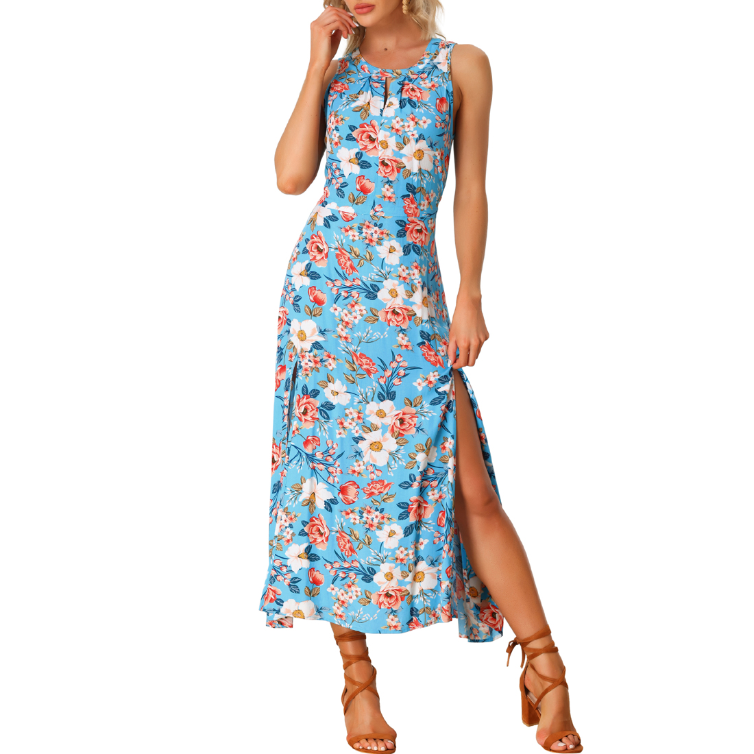 Unique Bargains Sleeveless Floral Dress for Women's Split Hem Keyhole Flowy Summer Boho Maxi Dress