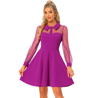 Unique Bargains Women's Retro Flat Collar Mesh Sheer Lantern Sleeve Fit and Flare Party Dress Purple M Unique Bargains Women's Retro Flat Collar Mesh Sheer Lantern Sleeve Fit and Flare Party Dress Purple M