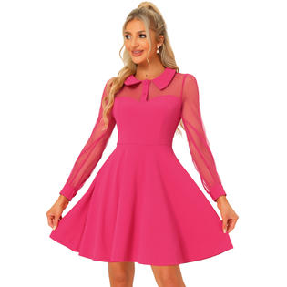 Unique Bargains Women's Retro Flat Collar Mesh Sheer Lantern Sleeve Fit and Flare Party Dress Hot Pink XS Unique Bargains Women's Retro Flat Collar Mesh Sheer Lantern Sleeve Fit and Flare Party Dress Hot Pink XS