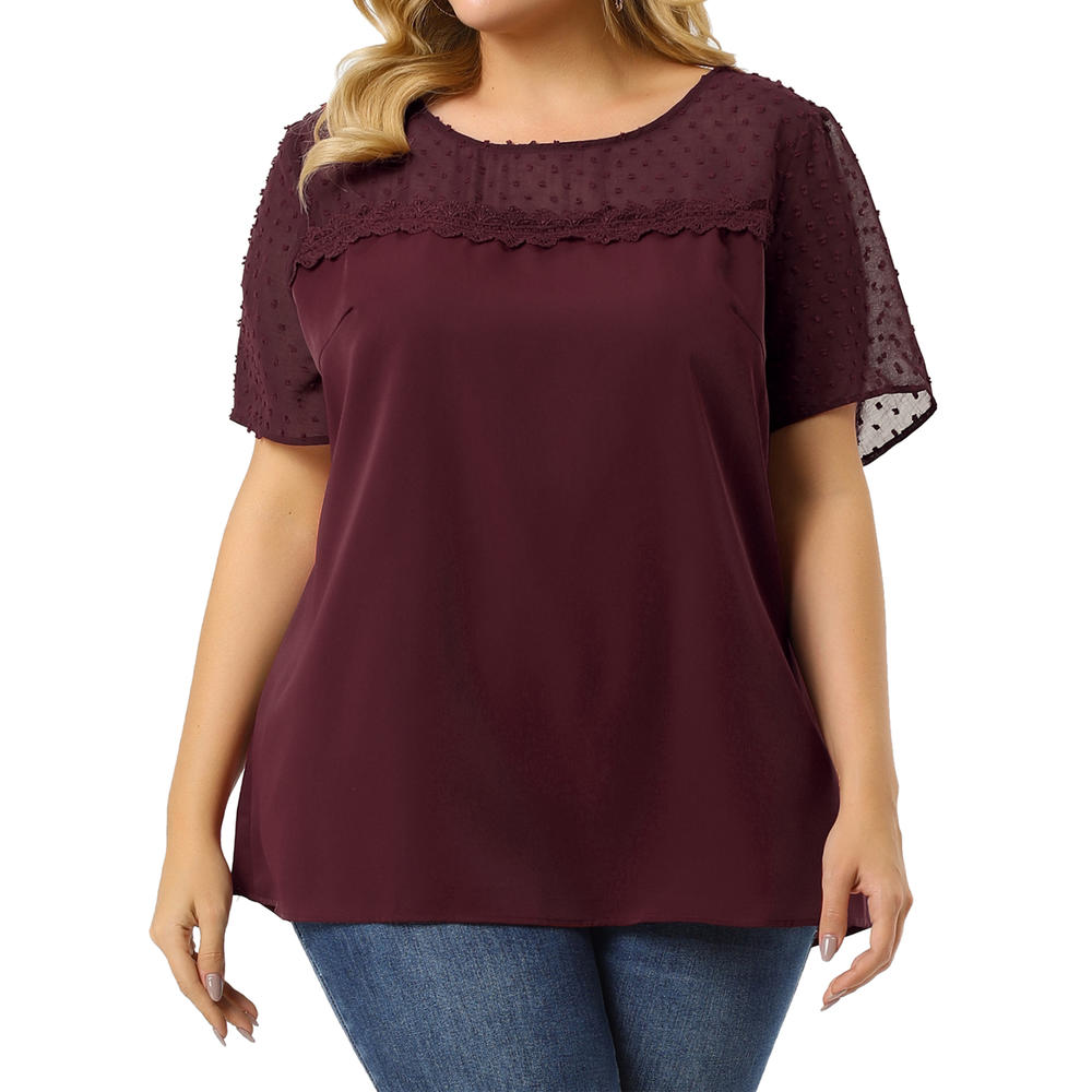 Unique Bargains Agnes Orinda Plus Size Blouse for Women's Top T Shirt Contrast Panel Dots Summer Short Sleeve Blouse