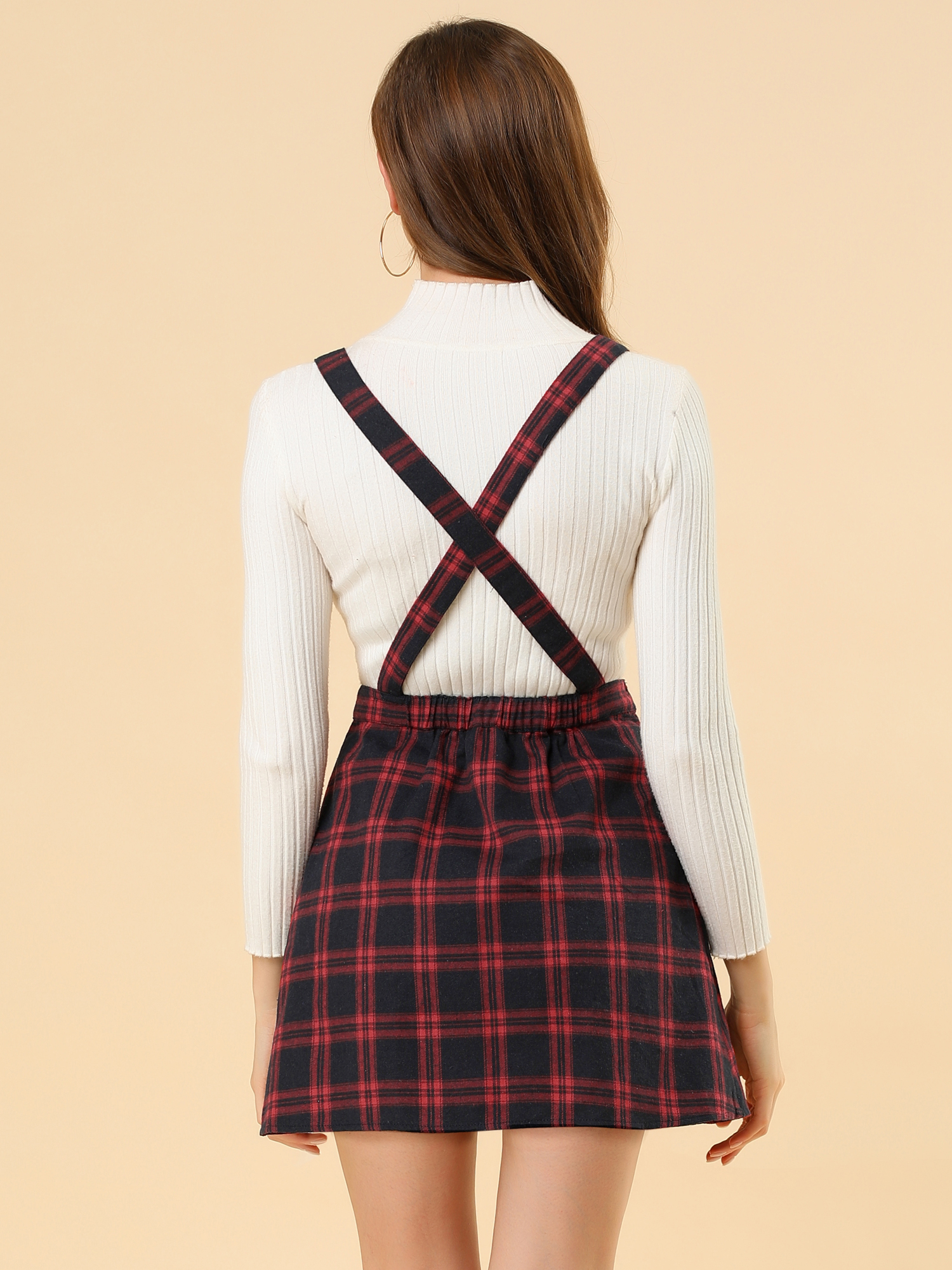 Unique Bargains Allegra K Women's Checks Adjustable Strap Pinafore Overall Dress Suspender Skirt
