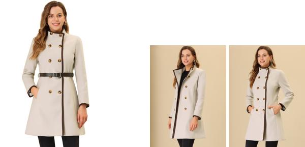 Unique Bargains Allegra K Women's Double Breasted Stand Collar Winter Belt Long Coat