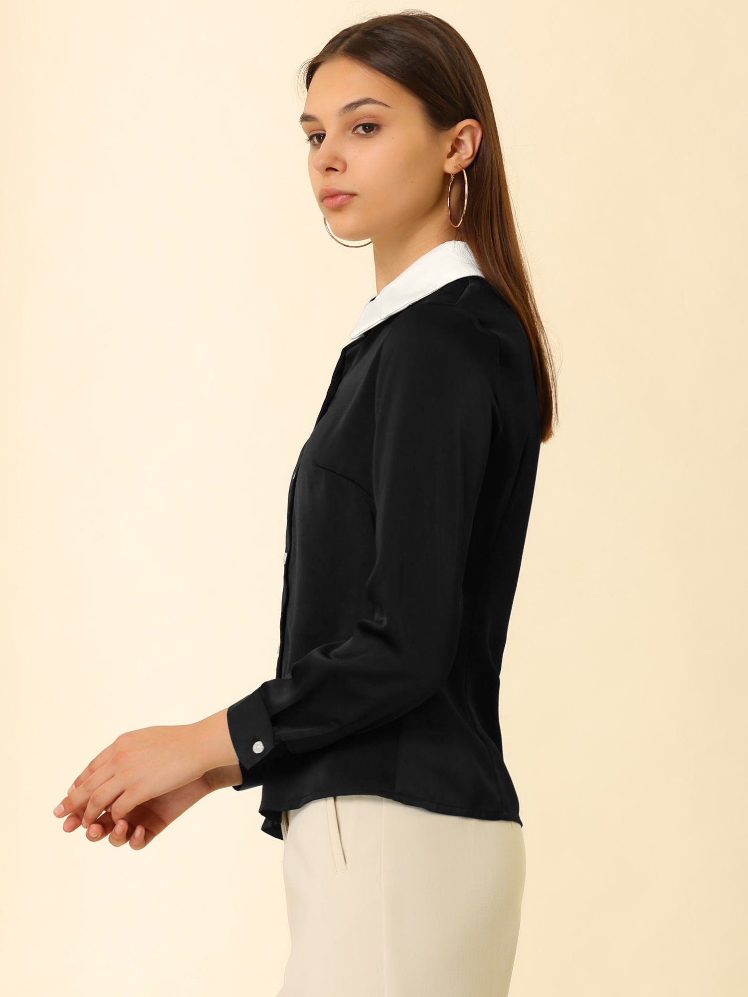 Unique Bargains Allegra K Women's Work Contrast Collar Basic Satin Button Up Shirt