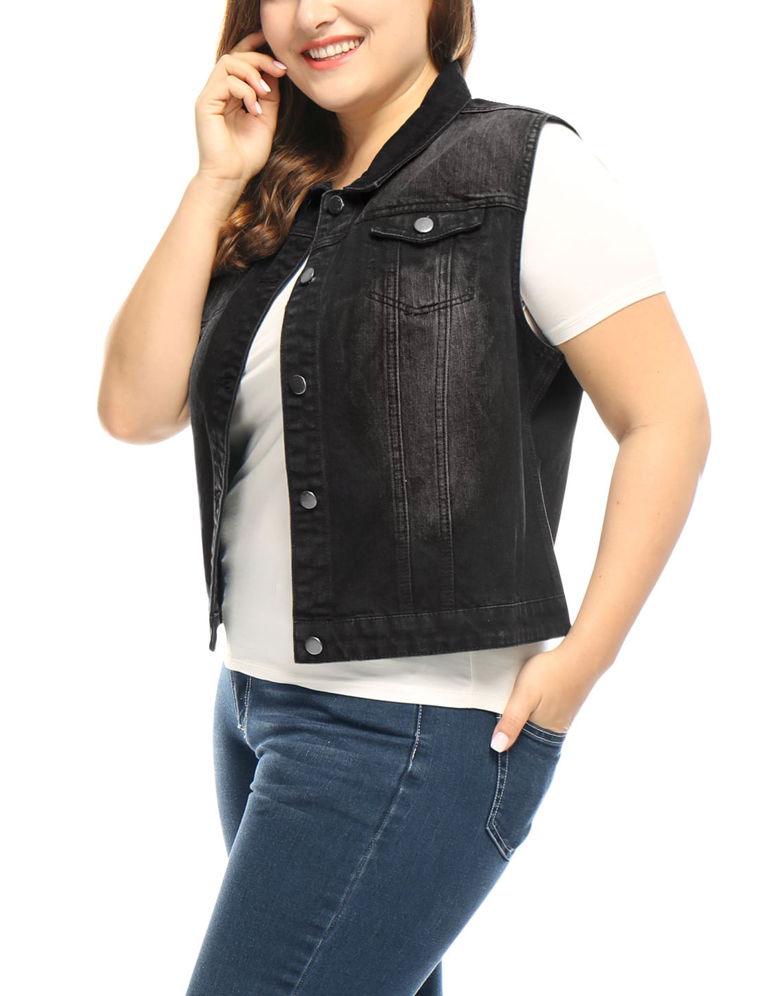 Unique Bargains Women's Plus Size Bust Pockets Button Up Slim Fit Denim Vest Black (Size 2X)