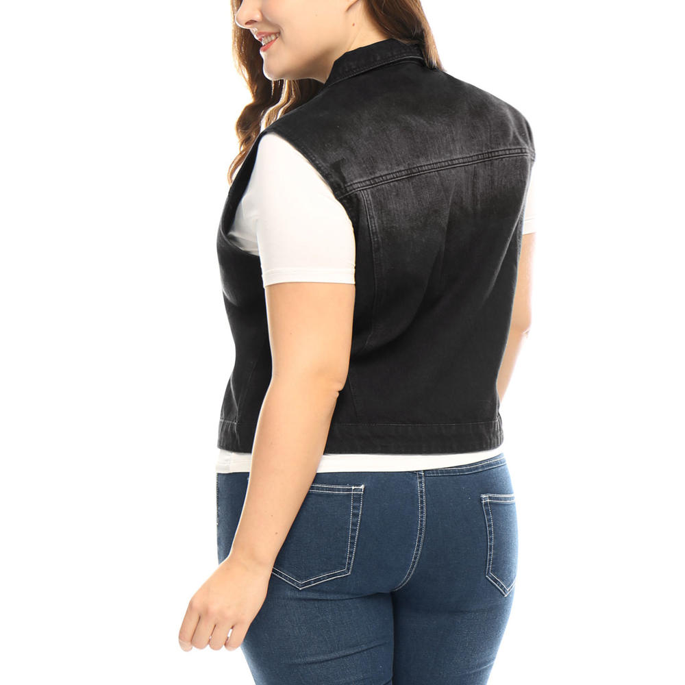 Unique Bargains Women's Plus Size Bust Pockets Button Up Slim Fit Denim Vest Black (Size 2X)