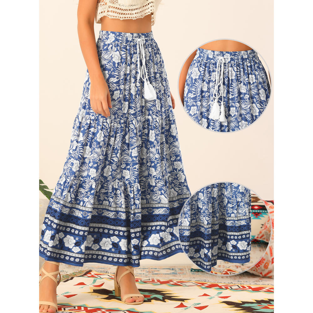 Unique Bargains Floral Skirt for Women's Boho Tassels Elastic Waist Casual Maxi Skirts