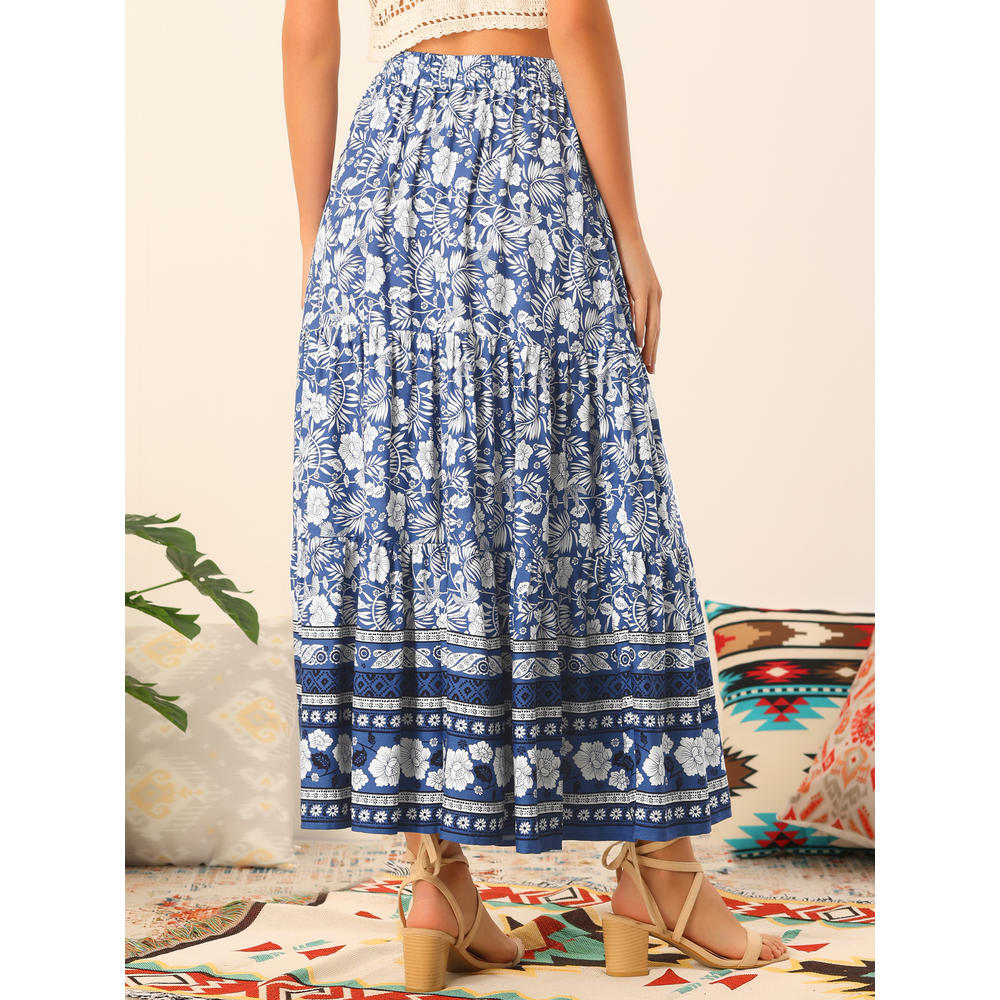 Unique Bargains Floral Skirt for Women's Boho Tassels Elastic Waist Casual Maxi Skirts