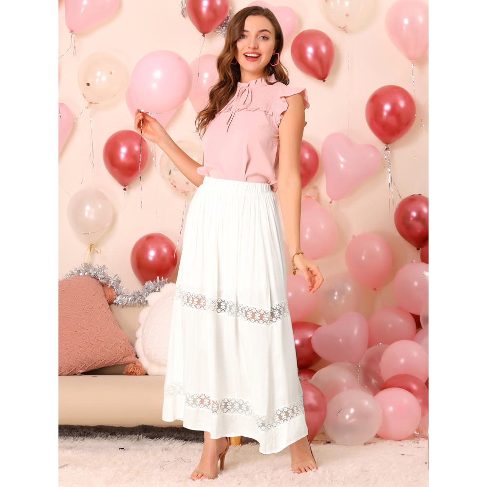 Unique Bargains Women's Long Skirts Elastic Waist Swing A-Line Lace Insert Maxi Skirt