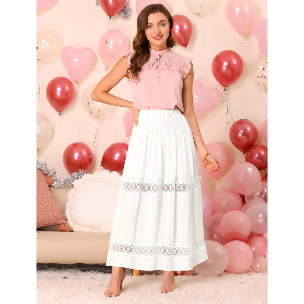 Unique Bargains Women's Long Skirts Elastic Waist Swing A-Line Lace Insert Maxi Skirt