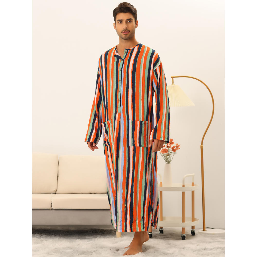 Unique Bargains Men's Striped Nightshirt Button Down Long Sleeve Henley Shirts Nightgown with Pockets