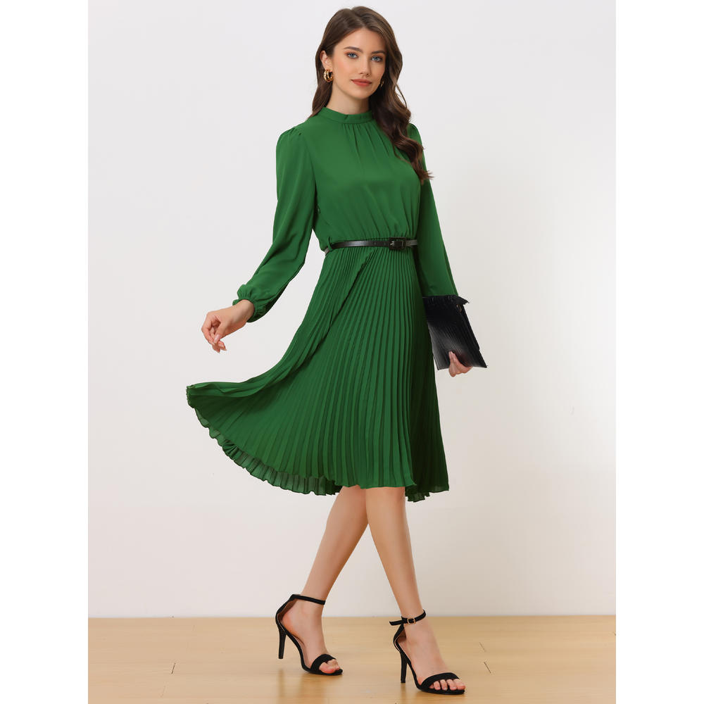 Unique Bargains Women's Work Shirt Dress Long Sleeve Pleated Midi Dress