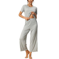 Unique Bargains Womens Sleepwear Round Neck Soft Knit Short Sleeve Shirt Capri Pajamas Set