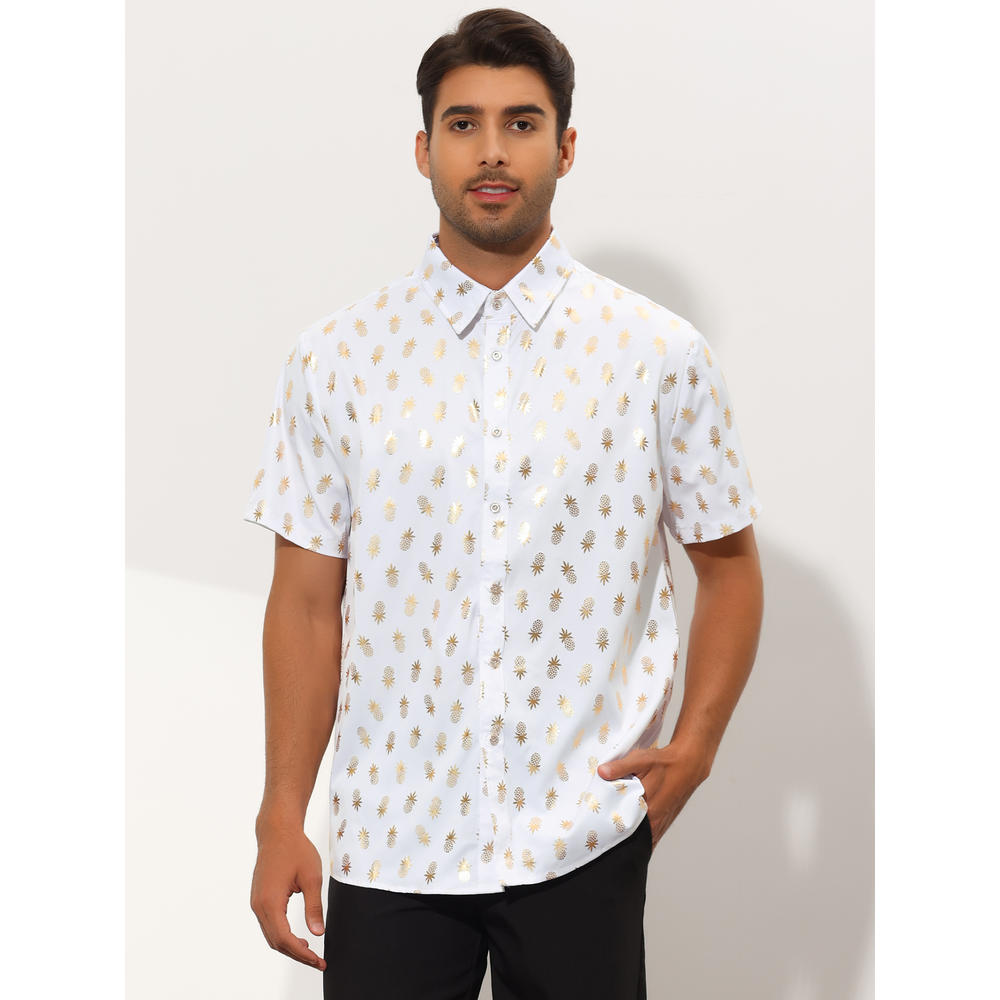 Unique Bargains Pineapple Print Shirts for Men's Shiny Printed Short Sleeve Dress Shirts