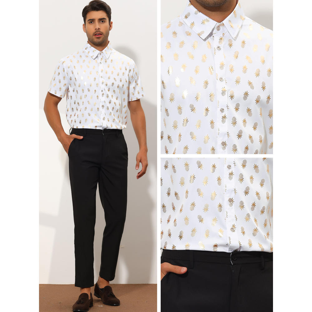 Unique Bargains Pineapple Print Shirts for Men's Shiny Printed Short Sleeve Dress Shirts