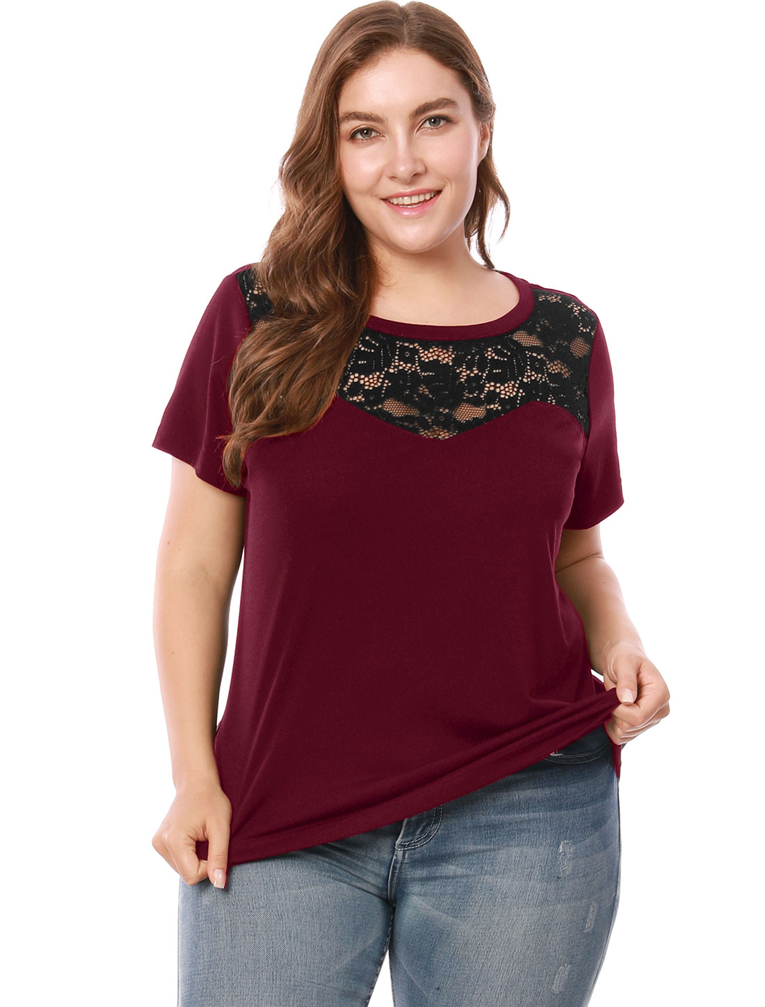 Unique Bargains Women's Plus Size Lace Insert Short Sleeves Round Neck Top